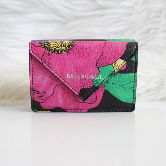 New Balenciaga Tropical Floral Logo Mini Papier Trifold Compact Wallet Small - Picture 1 of 9